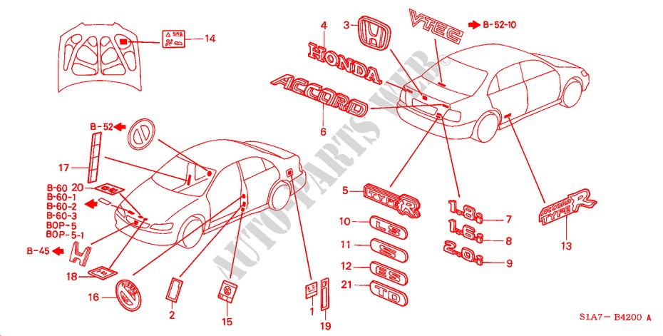 EMBLEME/WARNETIKETTEN für Honda ACCORD 1.6IS 4 Türen 5 gang-Schaltgetriebe 1999