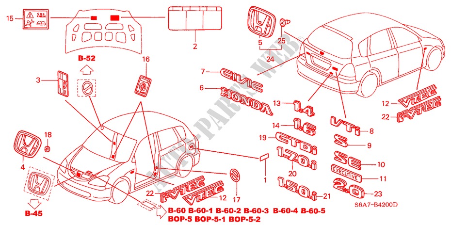 EMBLEME/WARNETIKETTEN für Honda CIVIC 1.6ES 5 Türen 5 gang-Schaltgetriebe 2002