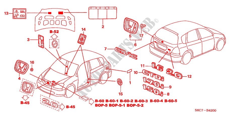 EMBLEME/WARNETIKETTEN für Honda CIVIC 1.6ES 5 Türen 4 gang automatikgetriebe 2005