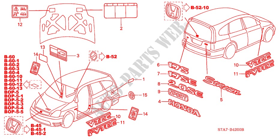 EMBLEM/WARNETIKETT für Honda STREAM 1.7ES 5 Türen 5 gang-Schaltgetriebe 2002