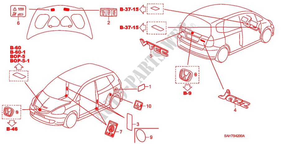 EMBLEME/WARNETIKETTEN für Honda JAZZ 1.2 S-S 5 Türen 5 gang-Schaltgetriebe 2007