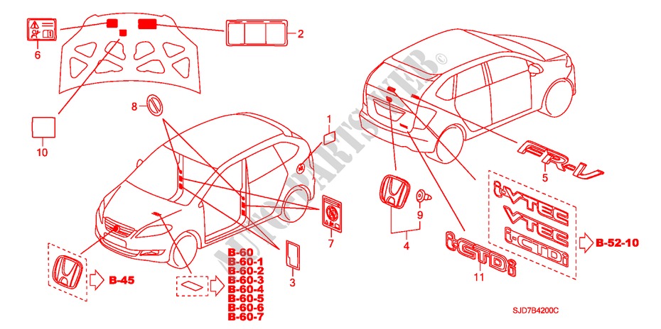 EMBLEME/WARNETIKETTEN für Honda FR-V 1.8 COMFORT LIFE/S 5 Türen 6 gang-Schaltgetriebe 2009