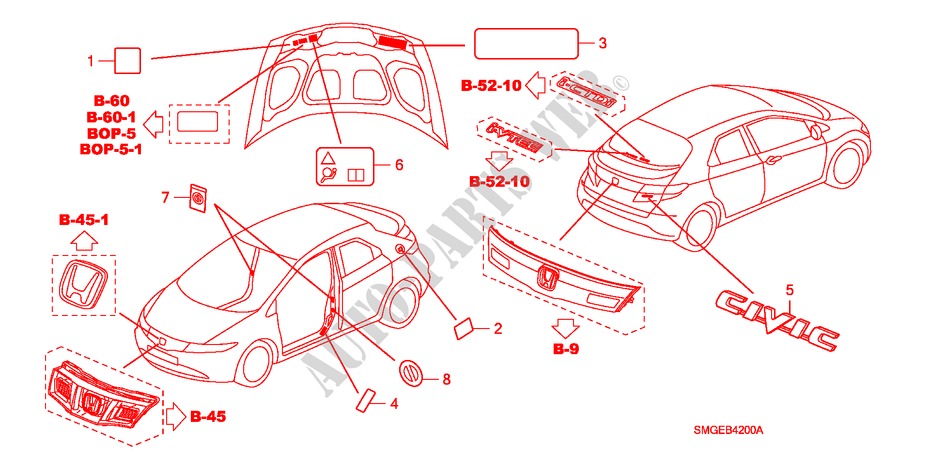 EMBLEME/WARNETIKETTEN für Honda CIVIC 1.8 S 5 Türen 5 gang automatikgetriebe 2010
