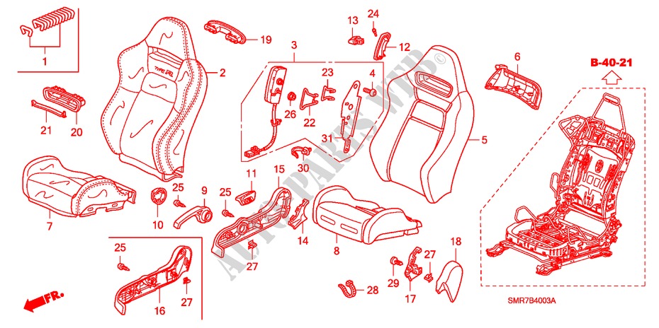 VORDERSITZ(R.) (2.0L) für Honda CIVIC 2.0 TYPE R 3 Türen 6 gang-Schaltgetriebe 2007