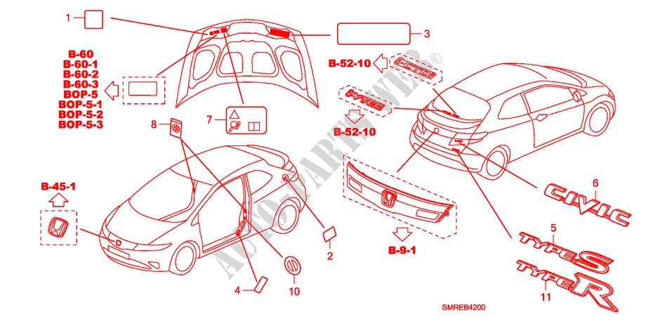 EMBLEME/WARNETIKETTEN für Honda CIVIC 2.2 TYPE-S 3 Türen 6 gang-Schaltgetriebe 2010