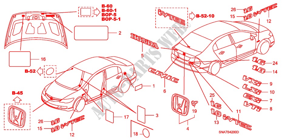 EMBLEME/WARNETIKETTEN für Honda CIVIC 1.8 LS 4 Türen 6 gang-Schaltgetriebe 2007