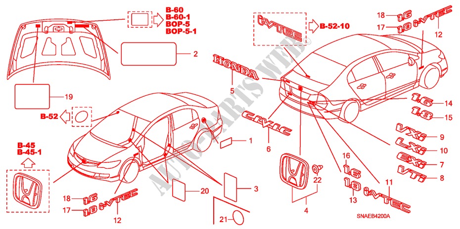 EMBLEME/WARNETIKETTEN für Honda CIVIC VTI 4 Türen 5 gang-Schaltgetriebe 2009