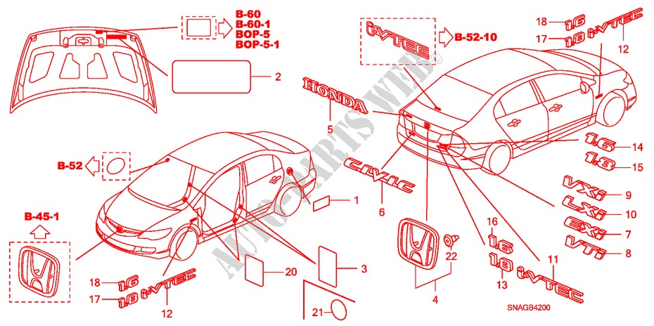 EMBLEME/WARNETIKETTEN für Honda CIVIC 1.8 LSSP 4 Türen 6 gang-Schaltgetriebe 2010