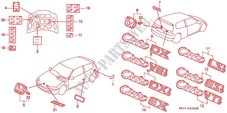 EMBLEM für Honda CIVIC DX 3 Türen 5 gang-Schaltgetriebe 1994