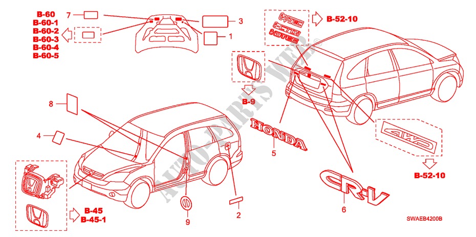 EMBLEME/WARNETIKETTEN für Honda CR-V ES 5 Türen 6 gang-Schaltgetriebe 2009