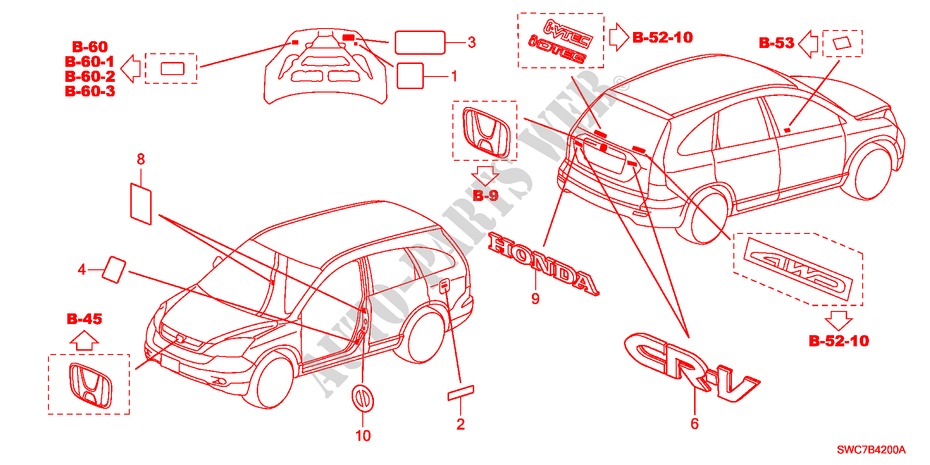 EMBLEME/WARNETIKETTEN für Honda CR-V RV-SI 5 Türen 5 gang automatikgetriebe 2011