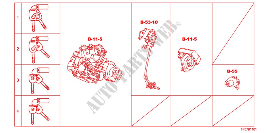 SCHLOSSZYLINDER (SATZ)(LH) für Honda JAZZ 1.4 LS 5 Türen 5 gang-Schaltgetriebe 2009