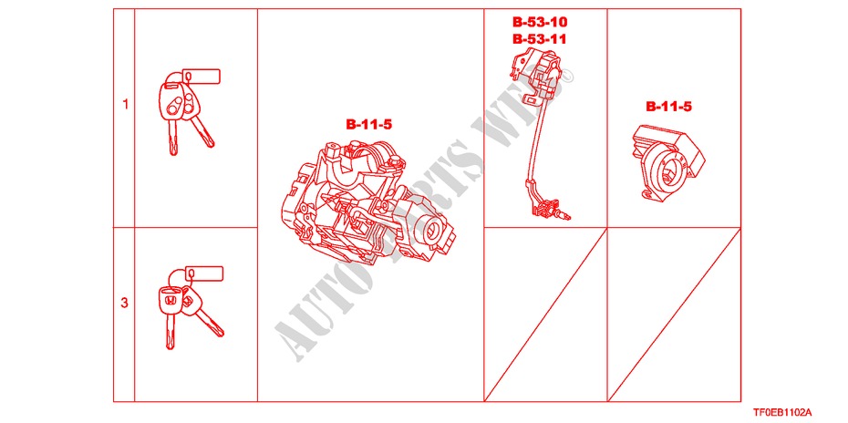 SCHLOSSZYLINDER (SATZ)(RH) für Honda JAZZ 1.4 ES 5 Türen 5 gang-Schaltgetriebe 2010