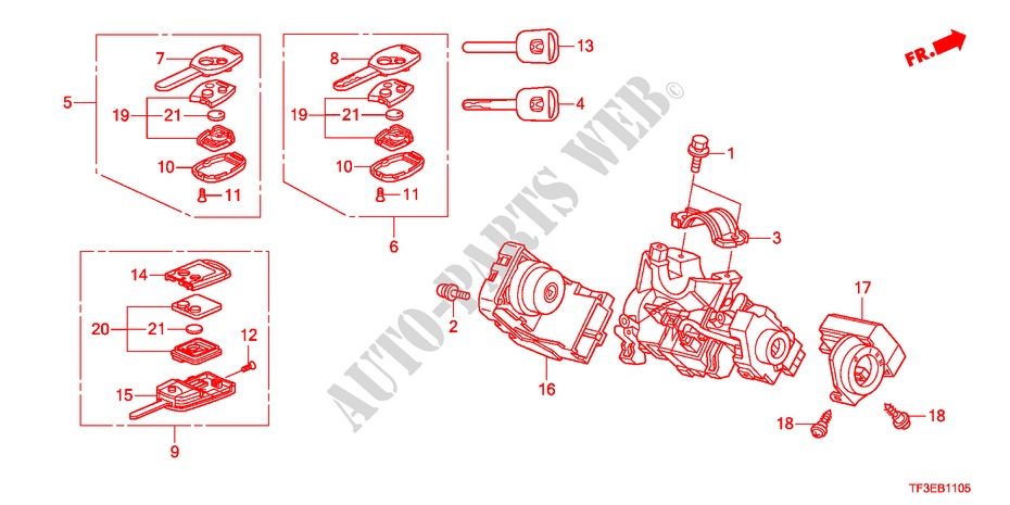SCHLIESSZYLINDER KOMPONENTEN für Honda JAZZ 1.5EX 5 Türen 5 gang-Schaltgetriebe 2012