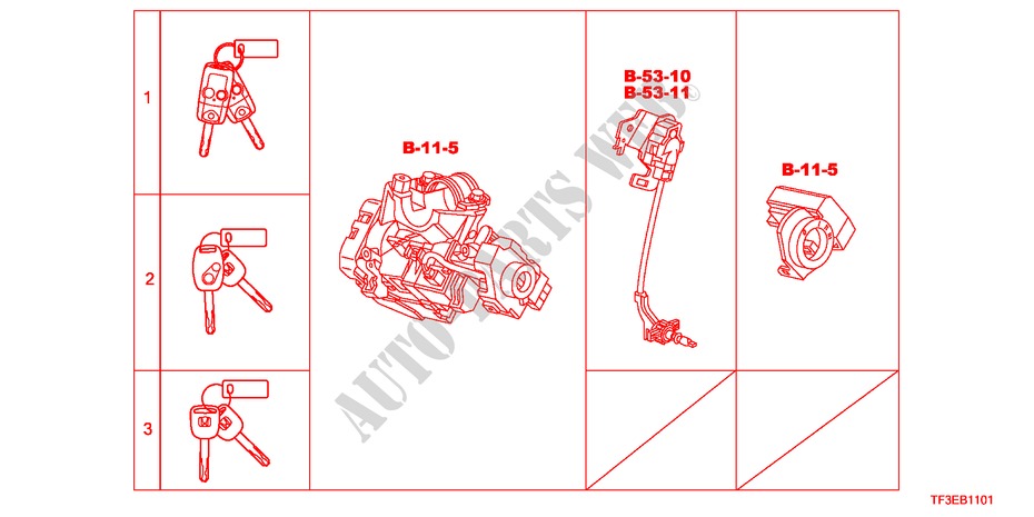 SCHLOSSZYLINDER (SATZ)(LH) für Honda JAZZ 1.4S     TEMP TIRE 5 Türen 5 gang-Schaltgetriebe 2012