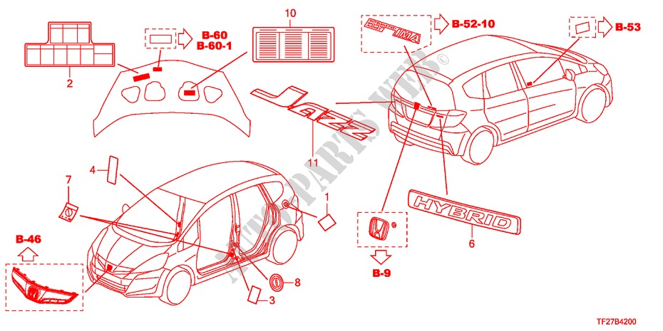 EMBLEM/WARNETIKETT für Honda JAZZ HYBRID IMA-H 5 Türen vollautomatische 2012