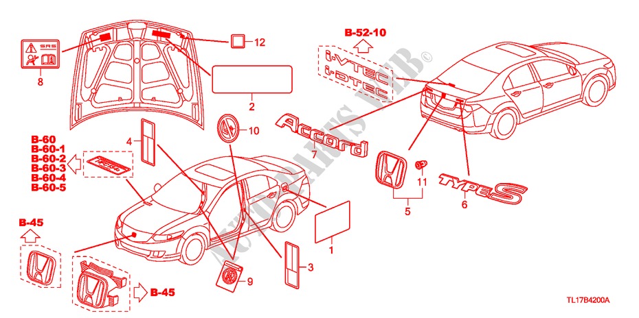 EMBLEME/WARNETIKETTEN für Honda ACCORD 2.4 TYPE S 4 Türen 6 gang-Schaltgetriebe 2009