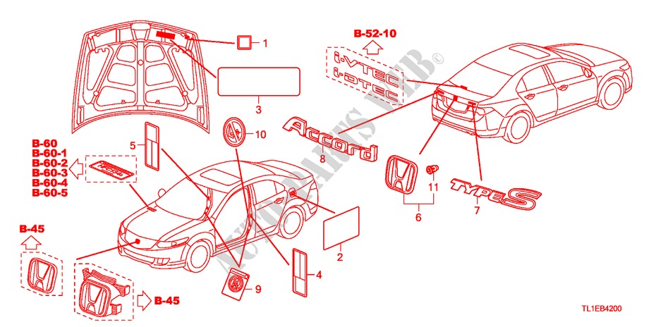 EMBLEME/WARNETIKETTEN für Honda ACCORD 2.0 COMFOT 4 Türen 6 gang-Schaltgetriebe 2011