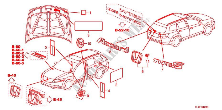 EMBLEME/WARNETIKETTEN für Honda ACCORD TOURER 2.4 EXECUTIVE 5 Türen 5 gang automatikgetriebe 2010
