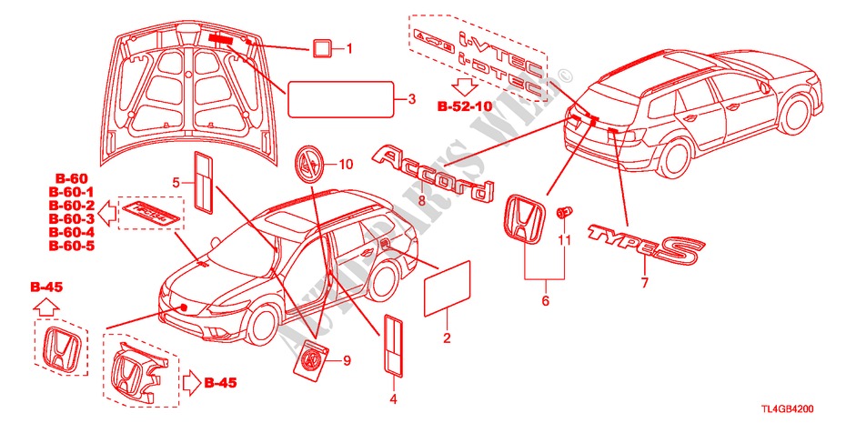 EMBLEME/WARNETIKETTEN für Honda ACCORD TOURER 2.2 ES-GT 5 Türen 5 gang automatikgetriebe 2012