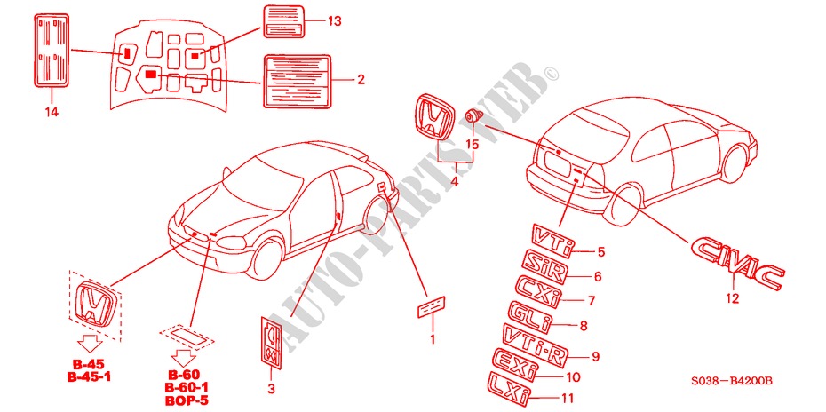 EMBLEME für Honda CIVIC SIR 3 Türen 4 gang automatikgetriebe 2000