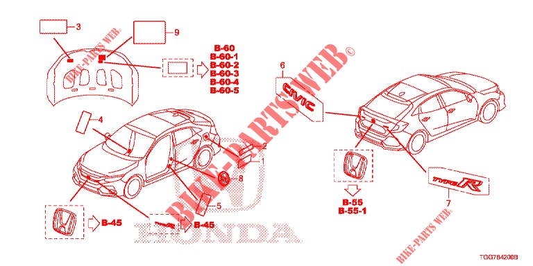 EMBLEME/WARNETIKETTEN  für Honda CIVIC 1.0 EXECUTIVE NAVI 5 Türen 6 gang-Schaltgetriebe 2017
