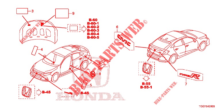 EMBLEME/WARNETIKETTEN  für Honda CIVIC 1.0 EXCLUSIVE NAVI 5 Türen 6 gang-Schaltgetriebe 2017