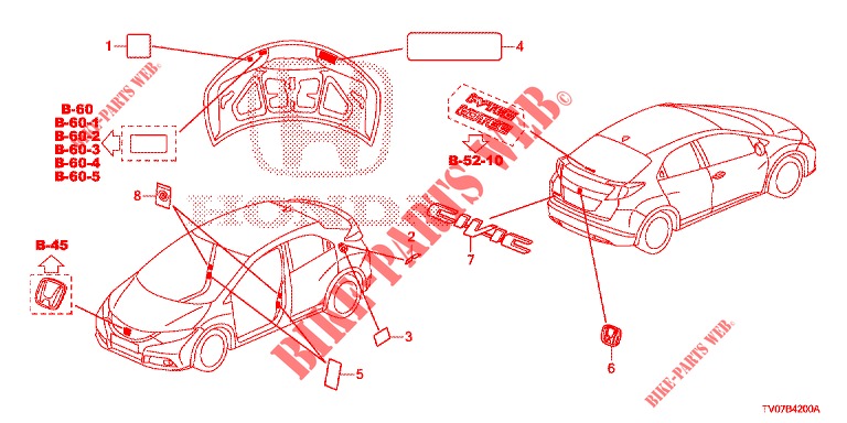 EMBLEME/WARNETIKETTEN  für Honda CIVIC 1.8 LIFESTYLE 5 Türen 6 gang-Schaltgetriebe 2013