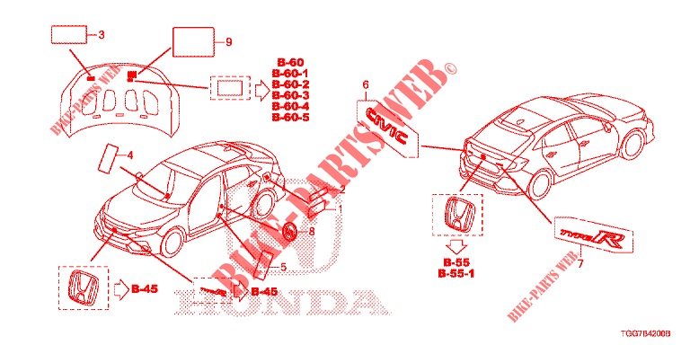 EMBLEME/WARNETIKETTEN  für Honda CIVIC 1.5 PRESTIGE 5 Türen 6 gang-Schaltgetriebe 2017