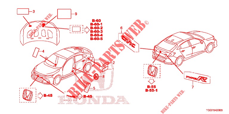 EMBLEME/WARNETIKETTEN  für Honda CIVIC 1.5 SPORT PLUS 5 Türen 6 gang-Schaltgetriebe 2017