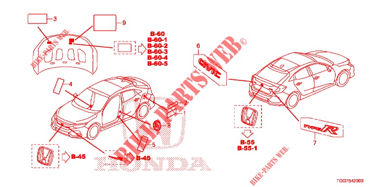 EMBLEME/WARNETIKETTEN  für Honda CIVIC 1.5 PRESTIGE 5 Türen 6 gang-Schaltgetriebe 2018