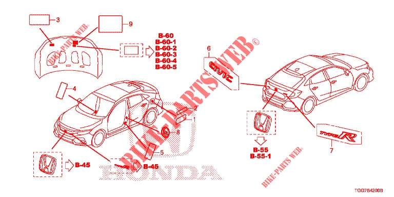 EMBLEME/WARNETIKETTEN  für Honda CIVIC  TYPE R 5 Türen 6 gang-Schaltgetriebe 2019