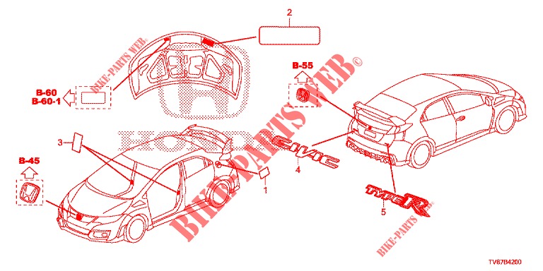 EMBLEME/WARNETIKETTEN  für Honda CIVIC TYPE R 5 Türen 6 gang-Schaltgetriebe 2016